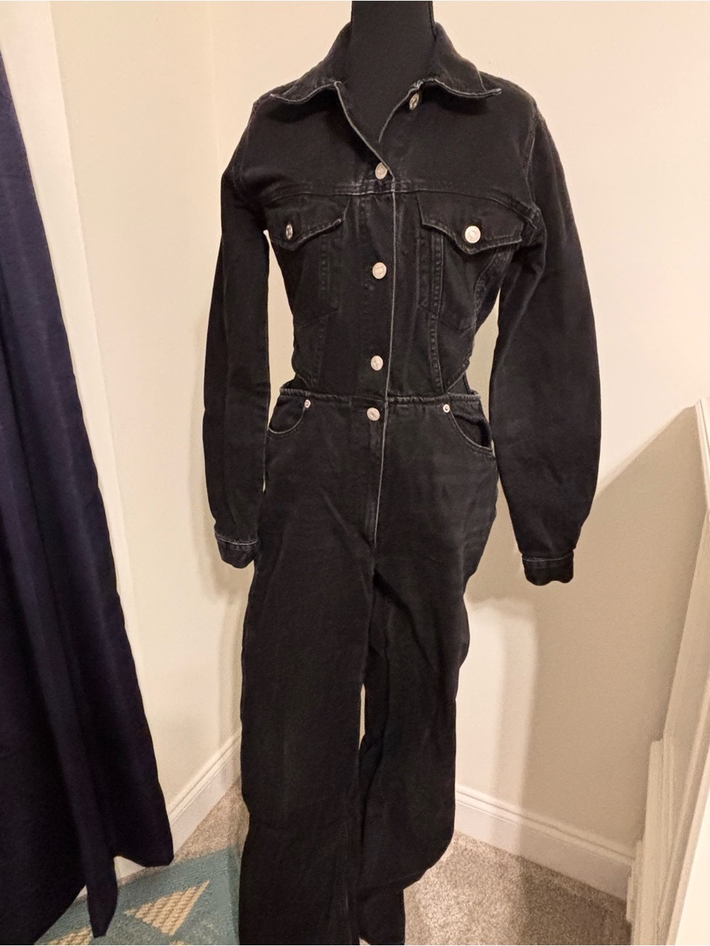 Zara Women’s Medium Black Denim Jean Jumpsuit Tall Open Sides Streetwear